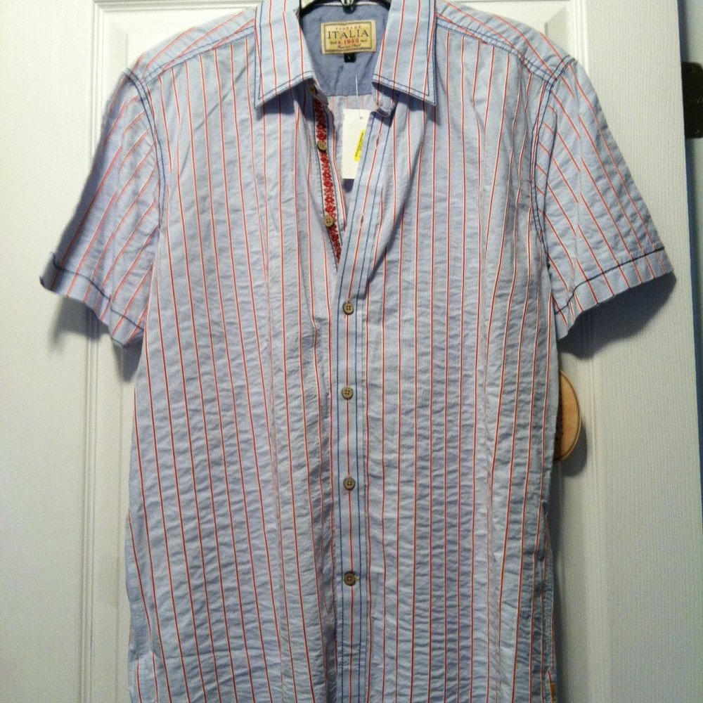 ITALIA MENS NEW SKY BLUE 100%COTTON SHORT SLEEVE CASUAL SHIRT SIZE: L